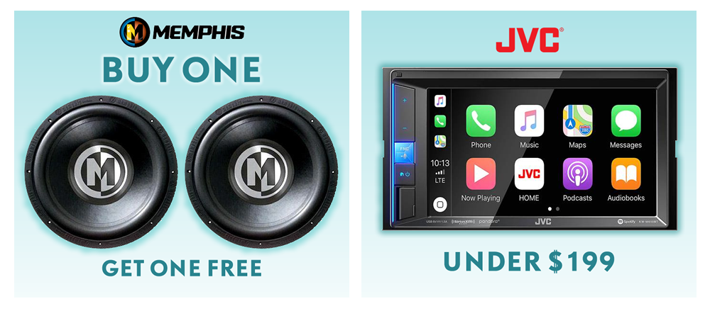 Buy One Get One Free - Memphi speakers; JVC Touchscreens under $199